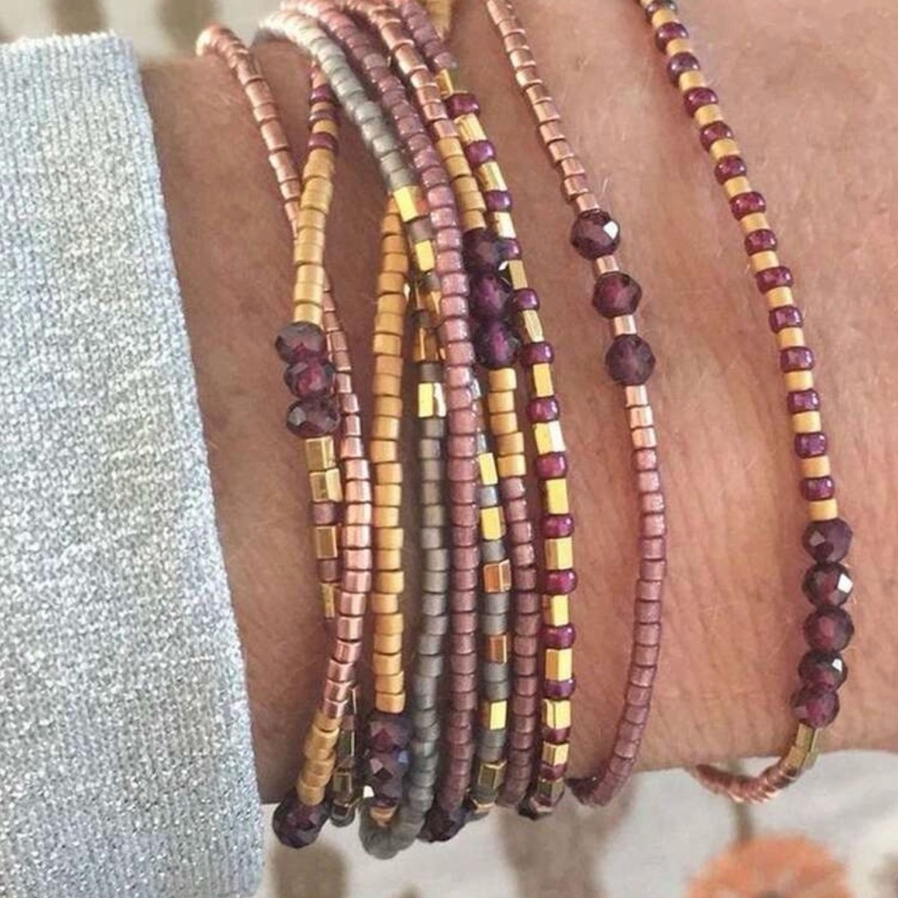 10 pc Layered Beaded Wrap Bracelet - Mauve, Gold & Plum